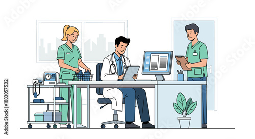 Doctors preparing for a new workday in an office for healthcare marketing and organizational materials
