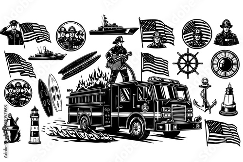 Firefighter and fire truck vector elements