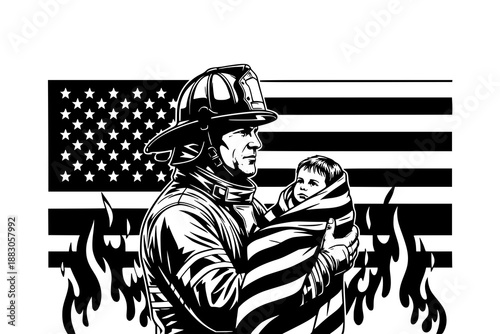 Firefighter rescuing child with american flag background