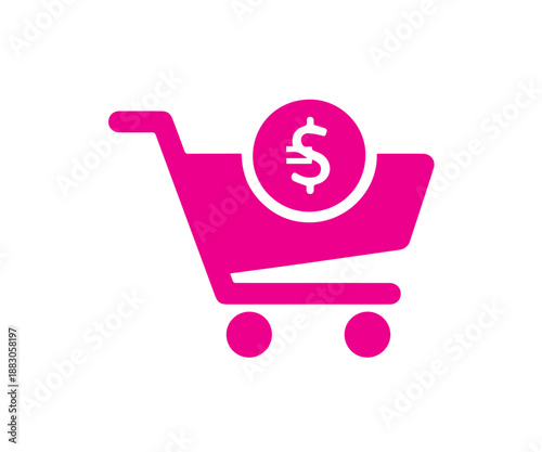 Bright pink shopping cart icon with a dollar sign inside denotes online commerce and purchasing success isolated on white.