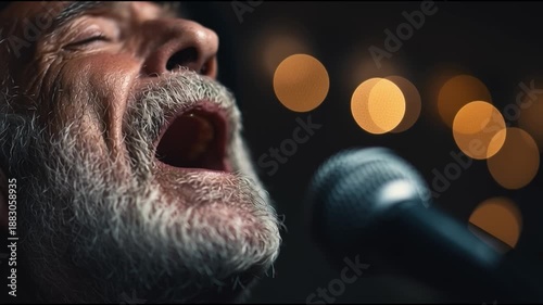 A passionate elderly man sings into a microphone, showcasing emotion and connection in a lively atmosphere.