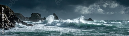 A dramatic seascape with turbulent waves crashing against rugged rocks under a moody sky, creating a sense of power and nature's raw beauty.