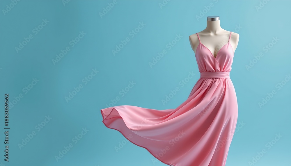 Fototapeta premium Floating silk fabric shaped like a dress without a body, surreal fashion concept, pastel blue background, soft studio lighting, minimal composition with copy space.