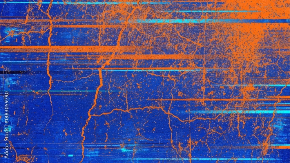 Fototapeta premium Vibrant Abstract Grunge Background with Neon Blue and Orange Glitch Texture. Distressed surface featuring digital noise and rust-like cracks.