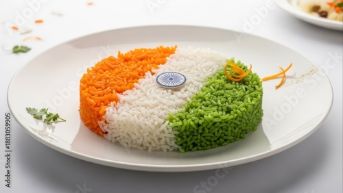 Tricolor Rice Dish: Indian Flag themed food arrangement (Tiranga Pulao or Rice) on a white plate, symbolizing patriotism for Republic Day or Independence Day celebrations.