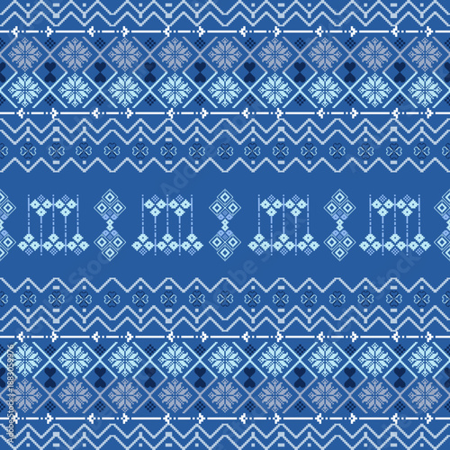 Vector illustration of Ukrainian folk seamless pattern ornament. Ethnic ornament. Elaborated border element. Traditional Ukrainian and Belarusian folk art knitted embroidery.