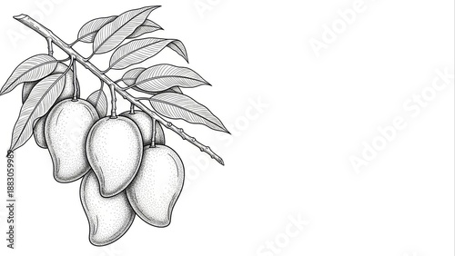 Vintage engraving style illustration of ripe mangoes hanging from a branch with leaves. Detailed hand-drawn botanical black and white sketch using dot shading.