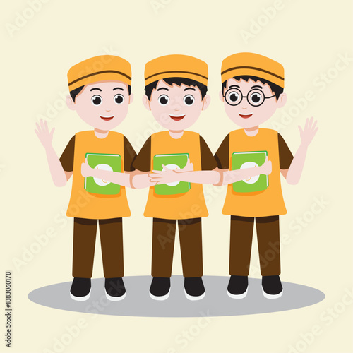 Three Islamic Boarding School Male Student Vector Illustration 
