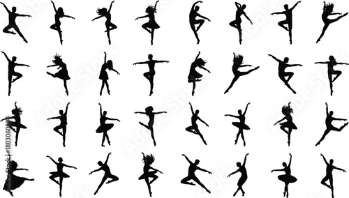 Dance silhouette collection, jumping ballet modern dancers poses, black female male figures, artistic motion set, isolated white background vector illustration