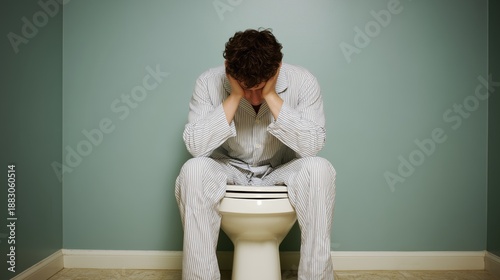 Man in pajamas with head in hands sitting on toilet, suffering from stomach pain or constipation. Stomach ache, digestive issue. Somber mood. Frequent visit