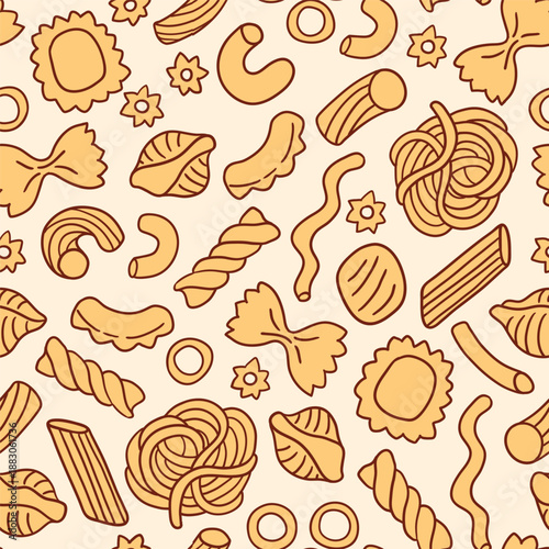 Seamless vector pattern with Italian pasta types. Hand drawn background with penne, fusilli, farfalle, rigatoni, spaghetti, macaroni and ravioli. Perfect for textile, wallpaper or print design.