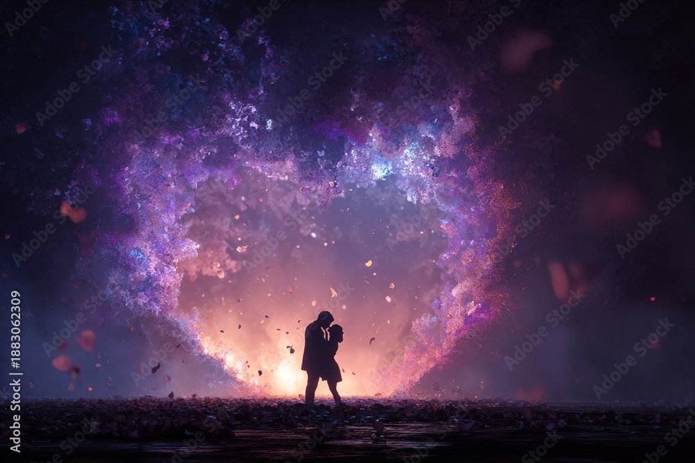 Fototapeta premium Silhouette of a couple embracing in front of a vibrant heart-shaped cosmic background filled with colorful stars and swirling galaxies during a romantic moment