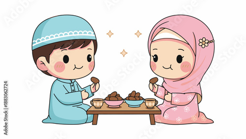 Muslim Boy and Girl Eating Dates Together.