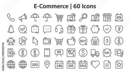 A versatile collection of 60 minimalist line icons perfect for e-commerce websites, mobile apps, and digital marketing, emphasizing seamless user experience