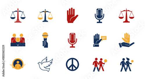 A collection of flat design icons representing justice, human rights, freedom of speech, peace, and social equality on a white background.
