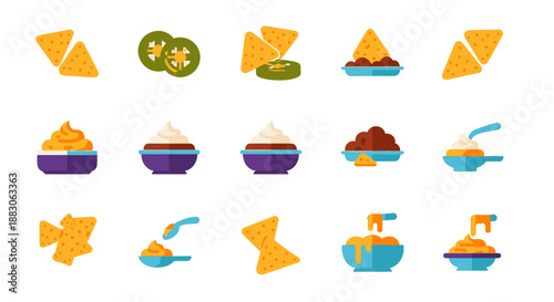 A collection of flat design icons featuring tortilla chips, various dips like cheese, salsa, and guacamole, and jalapeño slices, illustrating snack food items.
