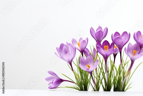 Purple crocus flowers growing with green leaves, symbolizing spring, renewal, and awakening