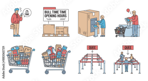 Illustrations depicting various aspects of modern shopping experiences, including online ordering, self-checkout, package lockers, and queuing systems.