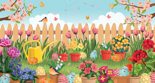 An egg hunt in the yard. A beautiful garden with lots of flowers and hidden Easter eggs. A game for kids. An Easter card.