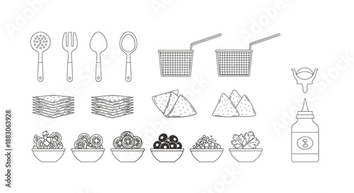 Line art illustration of various kitchen utensils, deep-frying baskets, plates, and different food items in bowls and folded snacks, alongside a sauce bottle.