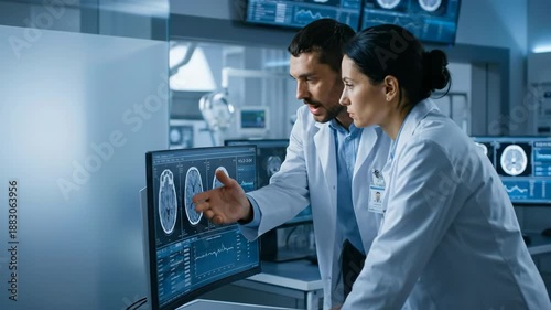Wallpaper Mural two caucasian doctors analyzing brain scans on computer monitor in modern hospital laboratory. medical research and healthcare concept. neurology diagnosis. Torontodigital.ca