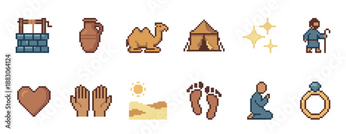 Set of pixel art icons featuring ancient and religious symbols like a well, camel, tent, shepherd, praying figure, heart, and ring for a retro video game aesthetic