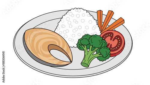 Healthy and balanced meal illustration featuring a salmon fillet, white rice, broccoli, carrots, and tomato slices. Perfect for promoting a nutritious diet and wellness