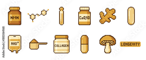 Collection of pixel art longevity icons featuring supplements like NMN, CoQ10, and collagen, along with a mushroom, ginger, and NAD+ IV bag in a retro 8-bit video game style