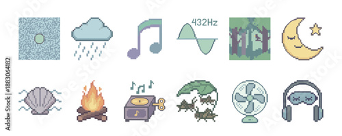 Soothing pixel art icon set for relaxation apps, featuring ambient sounds like rain, forest, ocean, and white noise for meditation