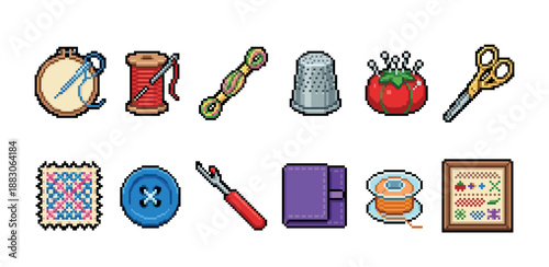 Pixel art collection of sewing and embroidery tools including a hoop, thread, thimble, pincushion, scissors, and button for crafting and needlework projects in a retro video game style