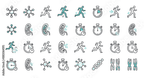 A collection of line art icons depicting running figures, stopwatches, kidneys, molecules, and chromosomes, representing health, fitness, and biological processes.