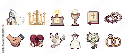 Set of pixel art Christian wedding icons showing a church, altar, bible, rings, and dove, representing a holy matrimony ceremony in a detailed retro 8-bit video game style