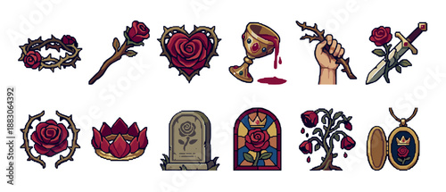 Detailed set of pixel art fantasy icons with a gothic rose and thorn theme, showing a crown, sword, chalice, heart, and gravestone for a role-playing game interface