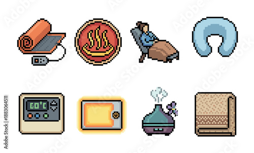 Pixel art icon set for heat therapy and relaxation featuring a heating pad, neck pillow, aroma diffuser, and other comfort items in a retro 8-bit video game style