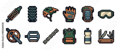 Pixel art set of mountain bike equipment and cycling accessories showing a helmet, gloves, tools, and parts in a retro 8-bit video game style illustration