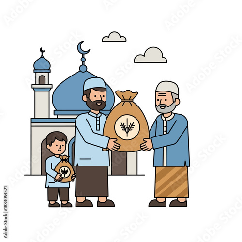 Giving rice sacks near mosque, symbolizing Islamic charity Zakat al Fitr