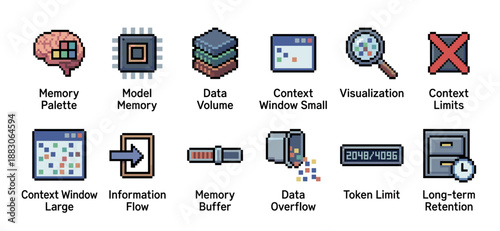 Set of pixel art icons illustrating artificial intelligence concepts like memory, data volume, context window, token limits, and long-term retention in a retro 8-bit graphic style