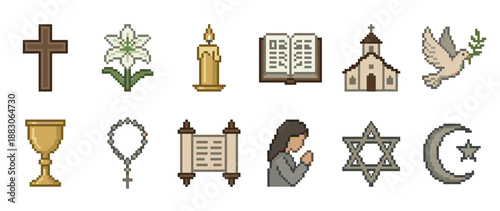 Set of religious pixel art icons representing Christianity, Judaism, and Islam with symbols like a cross, bible, rosary, Star of David, and crescent in a retro 8-bit style