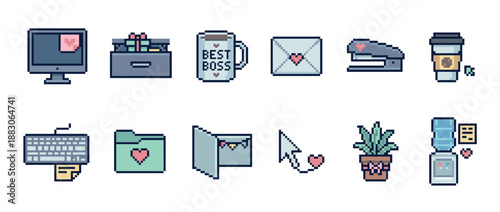 Charming pixel art office icon set with a romantic theme, featuring a computer, keyboard, coffee mug, water cooler, and stationery with cute heart details in a retro style