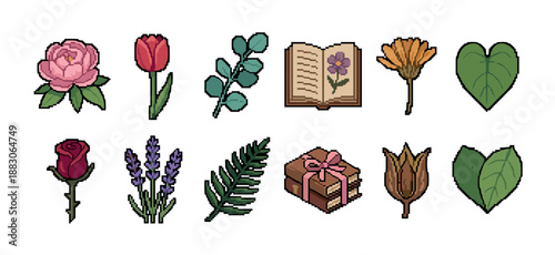 Charming set of botanical pixel art icons with a peony, rose, tulip, lavender, fern, leaves, and books with a pink ribbon, designed in a classic 8-bit retro style