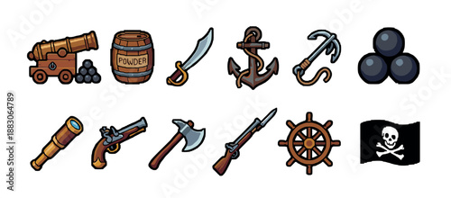 Set of twelve colorful pirate-themed icons including a cannon, anchor, cutlass, pistol, and Jolly Roger flag, presented in a cartoon vector illustration style for game assets