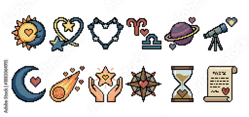 Set of pixel art icons featuring celestial and astrological symbols like the sun, moon, stars, planets, and zodiac signs with a romantic heart motif for a retro video game aesthetic