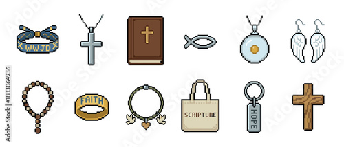 Collection of Christian religious pixel art icons and symbols, featuring a bible, cross, rosary, fish, angel wings, and jewelry with words like faith, hope, and scripture