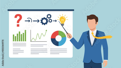 A businessman in a blue suit uses a pointer to explain a strategic diagram where a question transforms into a bright idea, supported by various data charts