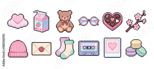 Collection of cute pixel art icons featuring a teddy bear, chocolate, cassette tape, and macarons for a romantic Valentine's Day theme in a retro 8-bit gaming style
