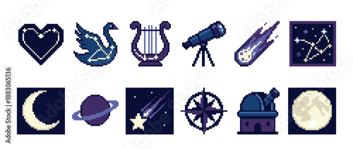 Collection of celestial pixel art icons featuring a moon, planet, telescope, and constellation in a retro 8-bit video game style for a magical or romantic theme