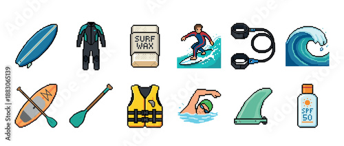 Collection of pixel art icons showing surfing and water sport equipment in a retro 8-bit style, featuring a surfboard, wetsuit, ocean wave, and paddleboard