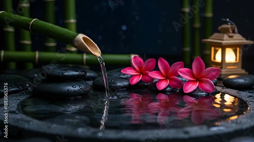 Water flowing from bamboo pipe into stone basin with pink flowers and lit lantern nearby