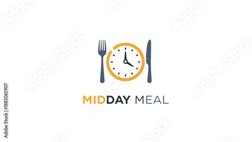 Midday Meal Logo with Clock and Utensils.