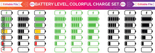 Battery level indicators icon set. Battery charge level indicators showing full to empty states. Power and Charging Status Symbols. Line and solid icon set. Vector illustration.